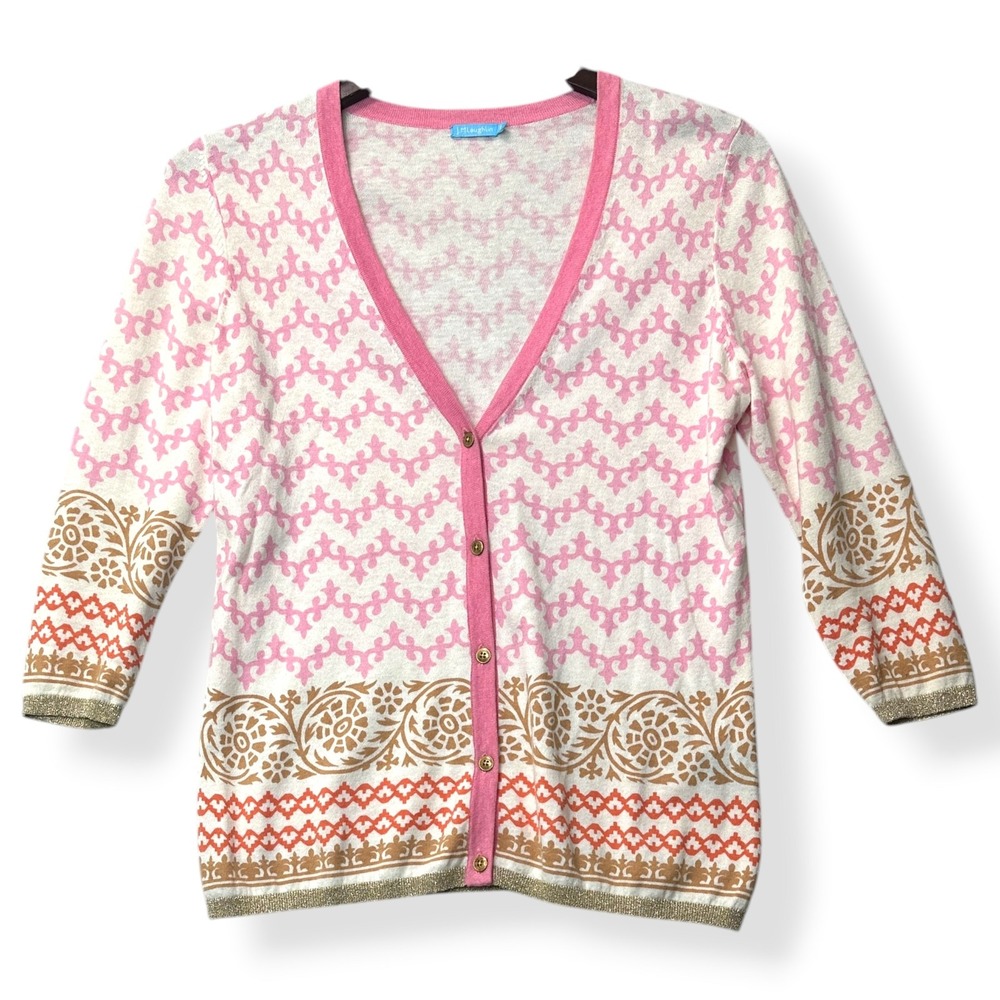 J.McLaughlin Women Cardigan Pink S Preppy Geometric Metallic Trim 3/4 Sleeve‎ - Picture 2 of 8